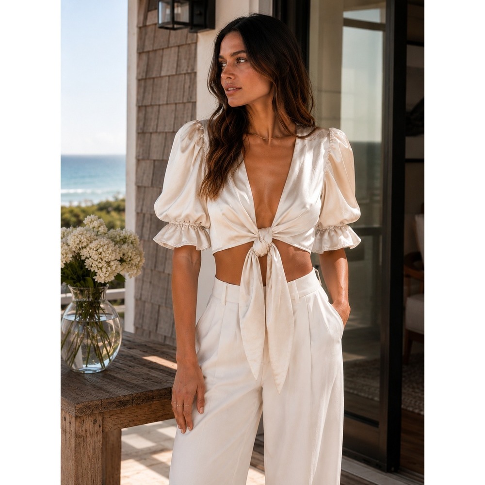 LPA‎ REVOLVE CANDY Top Women XS Champagne CREAM Satin Puff Sleeve Romantic